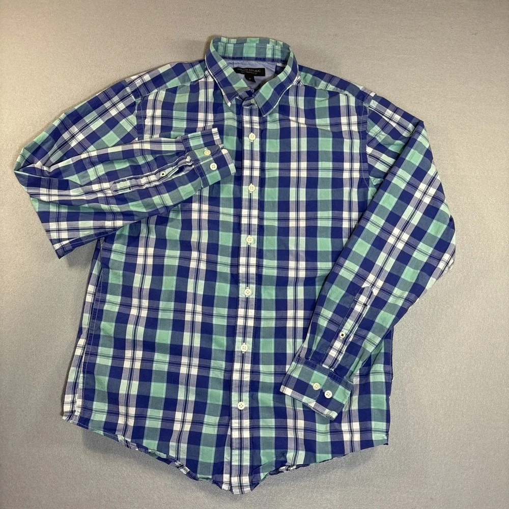 Banana‎ Republic Slim Fit Button Shirt M Blue Green Plaid Mens